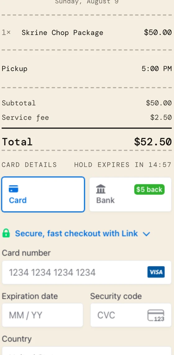 Embedded card payment form on the order ticket