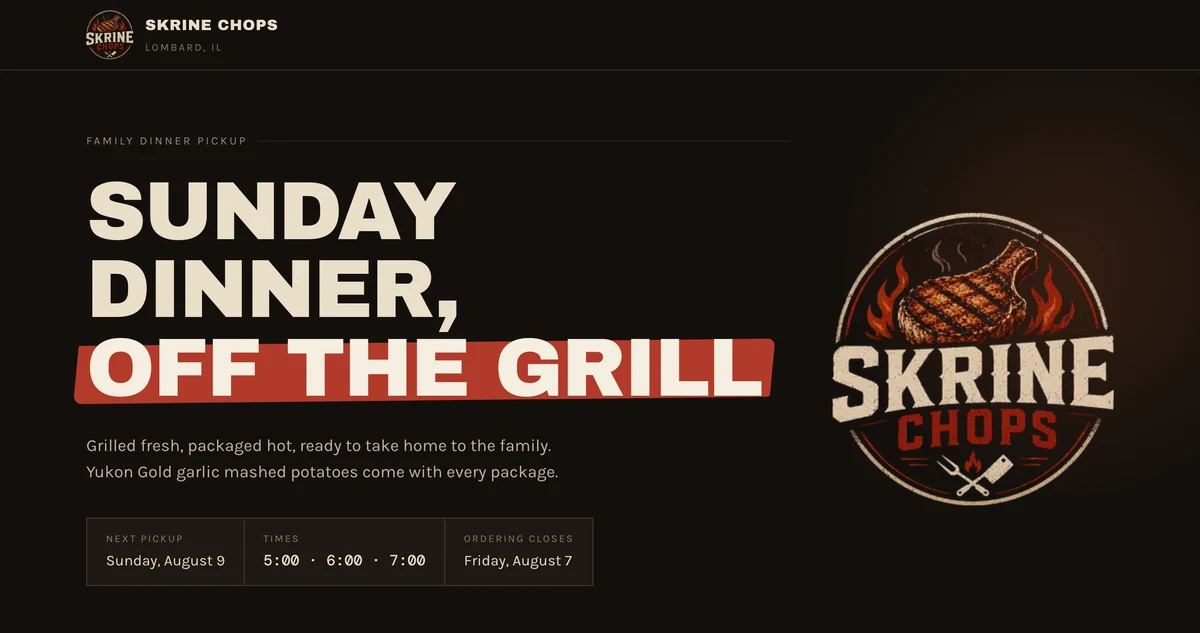 The ServedUp storefront ordering page, showing packages, pickup times, and an order ticket